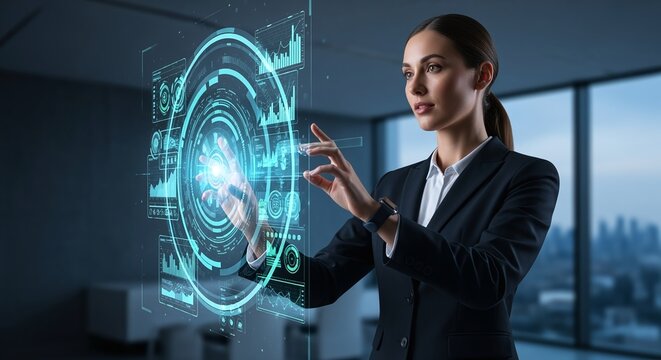 Confident businesswoman interacting with futuristic holographic data interface, visualizing global market trends and financial analytics in a modern corporate office setting. - Powered by Adobe