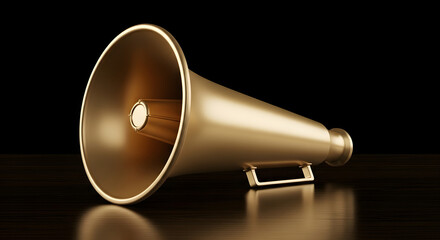 A striking image of a golden megaphone, radiating a sense of power and authority, against a contrasting black backdrop, symbolising announcements and influential declarations and impactful