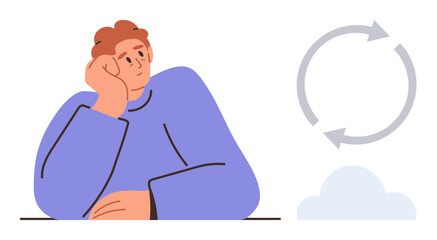 Person resting head on hand, looking pensive. Circular arrows and cloud suggest reflection, repetition, or innovation. Ideal for creativity, problem-solving, mindfulness, process thinking personal