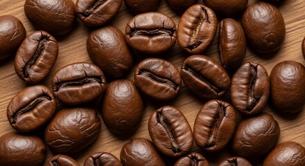 Fototapeta premium Aromatic Coffee Beans: A close-up of roasted coffee beans on wood, the rich, inviting aroma of freshly roasted coffee, perfect for morning rituals.