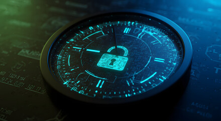 Glowing blue padlock icon on a circular interface