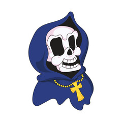 Adorable skeleton cartoon in a dark blue hooded cloak with gold cross necklace ideal for Halloween artwork spooky gothic decorations mascot or fantasy themed designs.