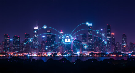 Cityscape at night with digital security lock overlay