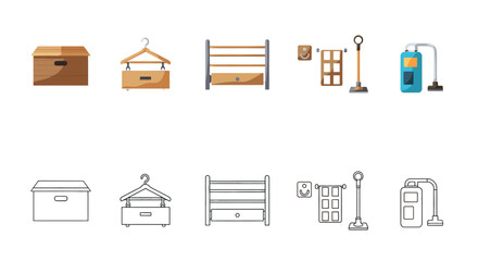 A collection of colorful and outlined illustrations of various household furniture and cleaning appliances.