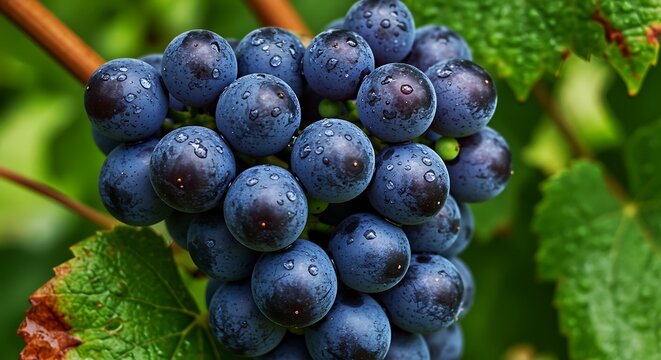 Close-up of Dark Blue Grapes with Water Droplets on Vine purple fruit - Powered by Adobe