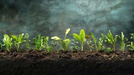 A row of plants are growing in the dirt