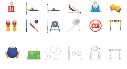 A comprehensive set of colorful and outline illustrations depicting various sports equipment.