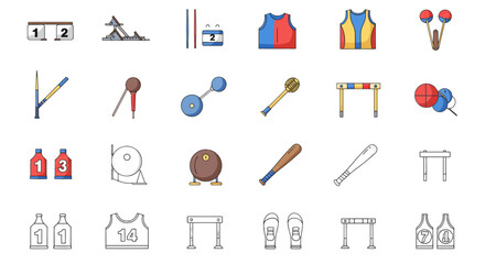 A diverse collection of sports icons, featuring athletic equipment, track and field events, and general gear in both color and outline styles.