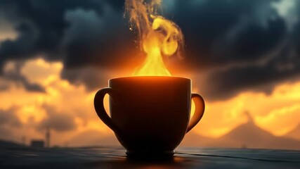 Magical coffee cup glowing with glittering particles floating upwards on a dark background, tech drink concept. 4k video - Powered by Adobe