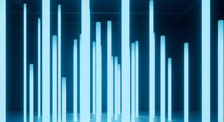 Fototapeta premium A captivating display of ethereal light pillars ascending into the darkness, creating a futuristic ambiance with luminous vertical elements in serene shades of blue, a modern and minimalist