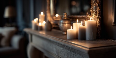Flickering Candles on Fireplace in Elegant Living Room with Warm Light and Romantic Atmosphere