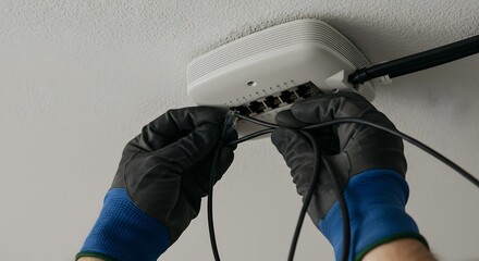 Gloved Hands Installing Network Cables into Ceiling-Mounted Electronic Device. Professional Technician Setting Up Internet Infrastructure and Data ...