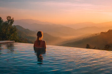 back view young adult female person enjoy relax in infinity edge luxury outdoor swimming pool looking on fog hill green mountains in warm sunset light. Alpine welness travel vacation,