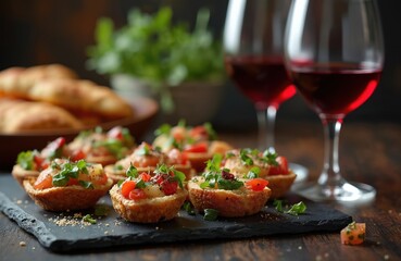 Elegant table setting with fine wine, tapas. Appetizers feature fresh tomatoes, herbs, cheese on crisp bread cups. Crystal wine glasses with red wine, blurred background of rustic bread suggest