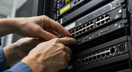 IT Professional's Hands Working on Network Server Rack in a Data Center, Connecting Cables and Managing Digital Infrastructure