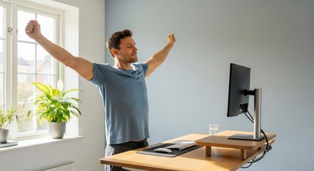 Morning Stretch at Home Office: A man starts his day with a refreshing stretch in his minimalist home office, embodying focus and well-being, alongside a modern desk setup and natural light.