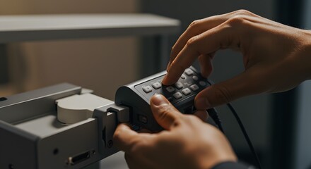 Obraz premium Close-up of Engineer's Hands Operating Precision Control Panel on Industrial Machine in Manufacturing or Laboratory Setting