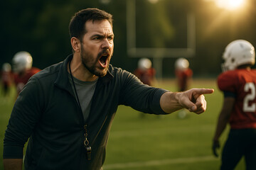 Football coach yelling at players during practice on the football field