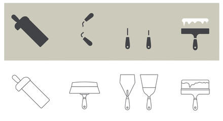 Illustrations of various painting and construction tools, showing different styles and details.