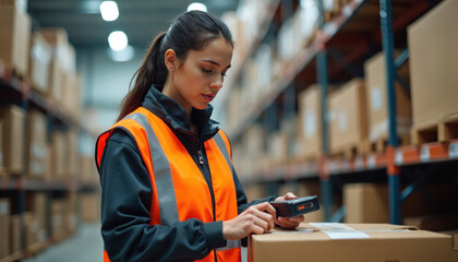 Warehouse worker scans packages using barcode scanner. Focuses on inventory management, logistics, supply chain operations. Efficiently processes orders for shipping, distribution. Teamwork,