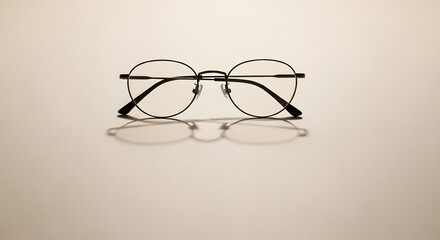 Round Metal Eyeglasses with Reflection on White Background