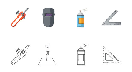 Obraz premium A collection of tools including an angle grinder, welding mask, spray can, and a set square, presented in both color and line art.