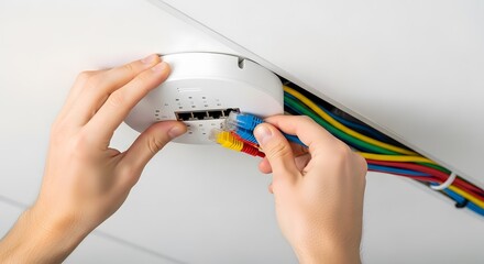 Close-up of hands connecting colorful Ethernet network cables into a white ceiling-mounted Wi-Fi router or access point for data communication and ...