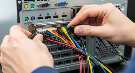 Technician's Hands Connecting Colorful Cables to the Back of a Desktop Computer Tower, Highlighting IT Hardware Setup and Maintenance