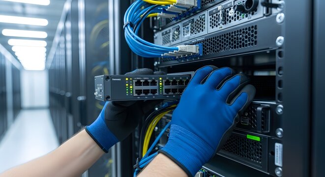 IT Technician's Hands in Blue Gloves Installing Network Switch in a Modern Data Center Server Rack for Cloud Computing and Digital Infrastructure M...