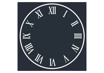 A dark-blue circular clock face with white Roman numerals.