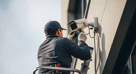 Professional Technician Installing Outdoor Security Camera on Building Wall for Surveillance and Protection System Maintenance