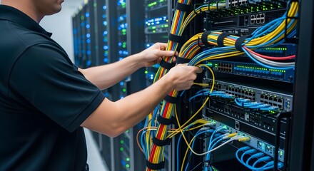 IT Specialist Connecting Network Cables in Modern Data Center Server Rack for System Maintenance