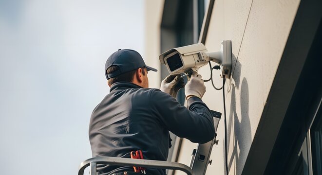 Professional Technician Installing Outdoor Security Camera on Building Wall for Surveillance and Protection System Maintenance - Powered by Adobe
