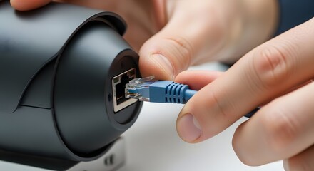 Hands connecting an Ethernet network cable into a security camera or surveillance device, highlighting the installation process for modern technolo...