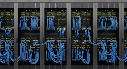 High-Density Data Center Server Racks with Blue Network Cables and Connectivity Infrastructure