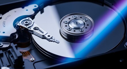 High-Tech Hard Drive: Digital Data Storage with Illuminating Blue and Purple Light Trails, Representing Information Flow and Advanced Computing Tec...