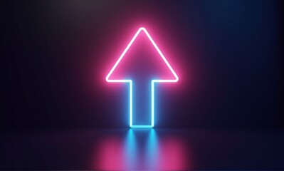 A striking neon arrow illuminates a dark space, featuring a bright pink triangular head and a cool blue shaft, reflecting below.
