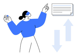 Woman engaging with document and arrows representing up-and-down movement, symbolizing analysis, decision-making, or growth. Ideal for business, strategy, planning, research, analytics education