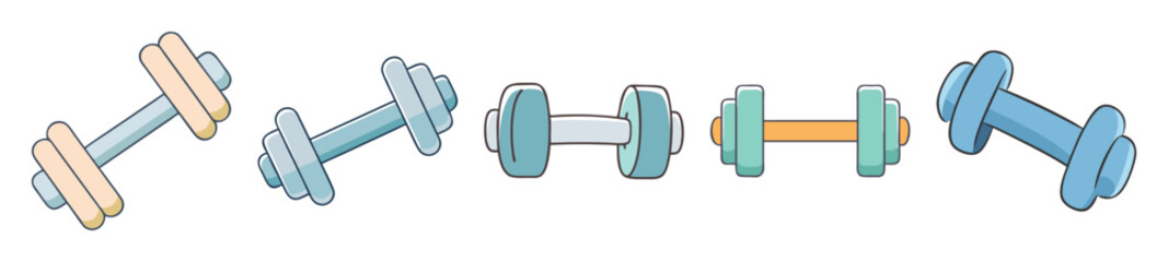 Cartoon dumbbells of different shapes and colors for fitness training and exercise