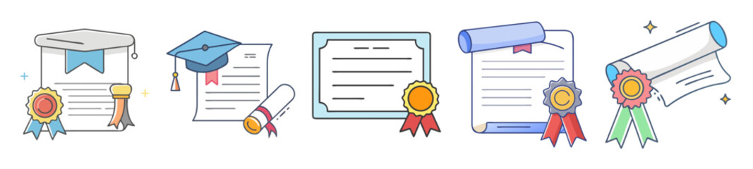 Cartoon Graduation Certificates and Diplomas with Caps, Ribbons, and Seals Illustration