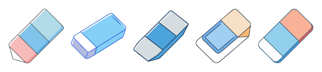 Collection of Cartoon Erasers with Various Colors, Shapes, and Designs on a White Background