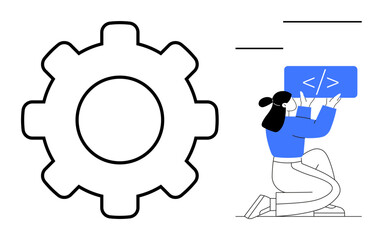 Gear icon with person kneeling, holding coding board, representing teamwork, technology, development, innovation. Ideal for software, coding, teamwork engineering problem-solving digital tools