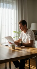 Fototapeta premium Focused: A person working intently at a wooden table bathed in natural light. with focus, document, work, reading and a warm cup of tea.