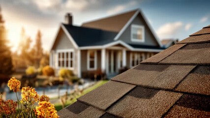Cinematic video of suburban family house roof with textured shingles in warm golden sunlight, symbolizing home safety, real estate marketing, residential construction, roofing industry promotion