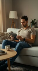 Obraz premium Modern Leisure: A person enjoying a moment of relaxation in a warmly lit living room, engrossed in a tablet, epitomizing the perfect blend of comfort and technology.