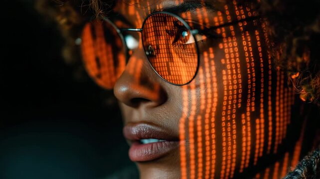 Dramatic close-up video of young African descent female programmer with reflective glasses showing glowing orange binary code, symbolizing cybersecurity, coding, data analysis, and artificial
