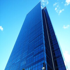 Modern glass skyscraper with reflections of the sky and city, a great example of corporate architecture