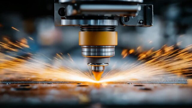 Close-up cinematic video of industrial drill machine boring into solid metal surface with bright orange sparks flying, representing engineering, heavy industry, precision manufacturing, and technology