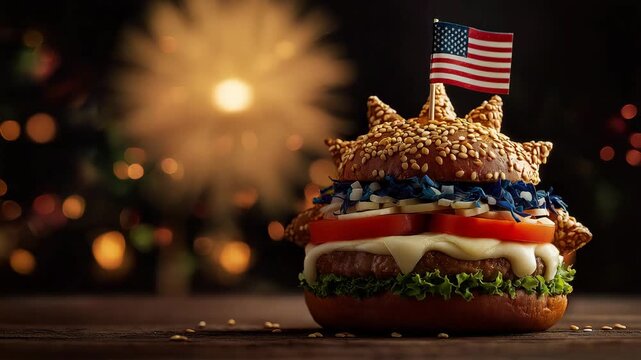 Festive holiday video of patriotic burger topped with American flag decoration, with colorful fireworks exploding in the blurred background, symbolizing Independence Day, national pride