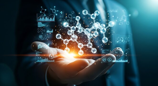 Pharmaceutical and chemistry concept. A hand holds a complex holographic molecular structure, representing pharmacy and drug development.